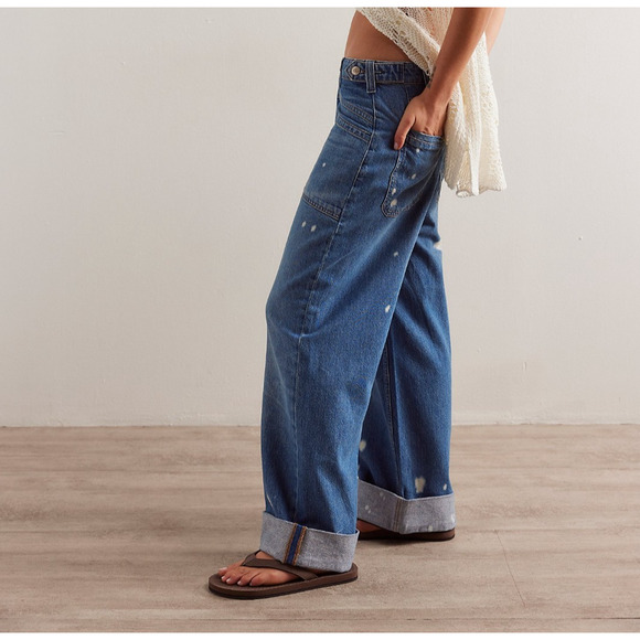 Free People We The Free Palmer Cuffed Jeans Women's Size 32 Paint Splatter Boho - Picture 2 of 16
